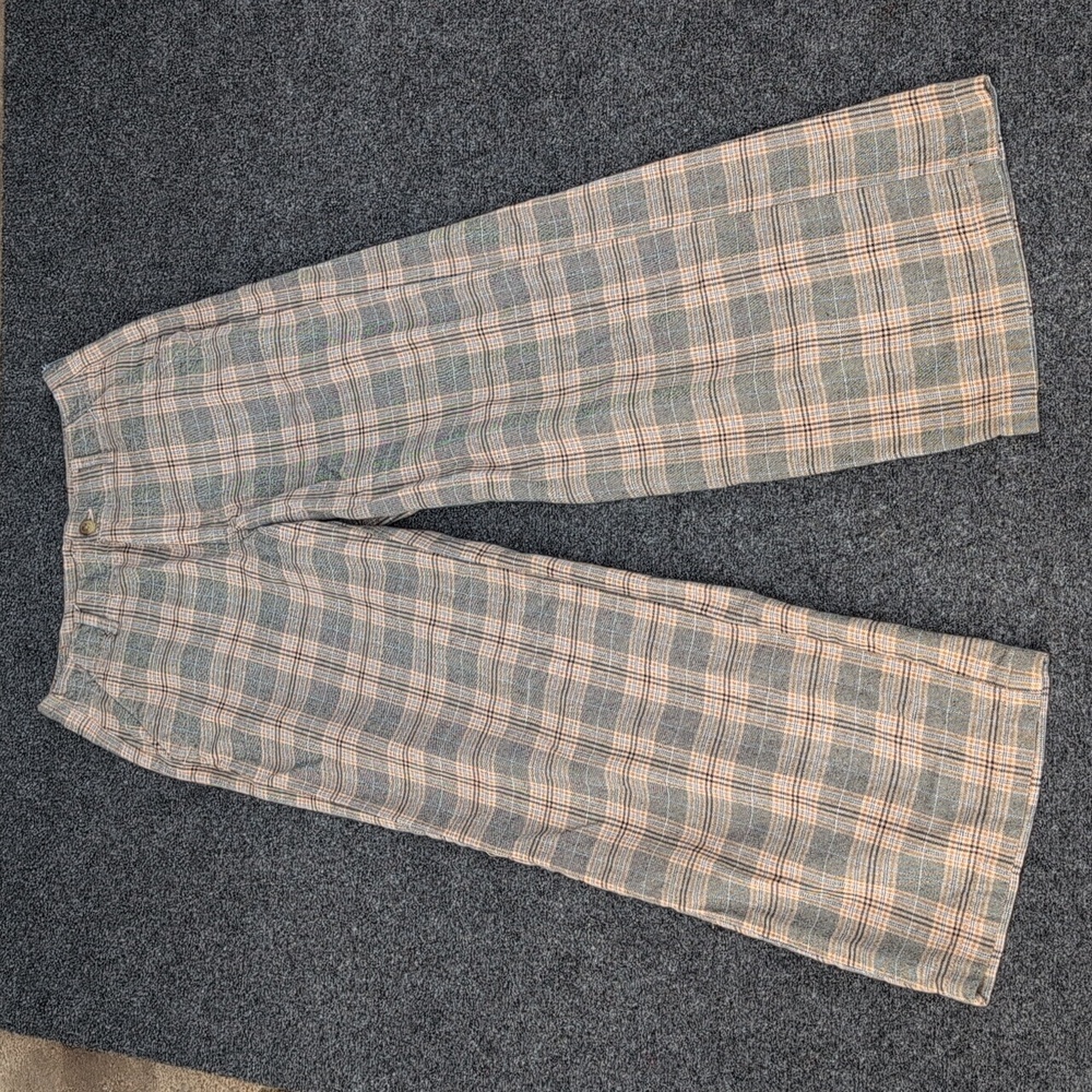 American Eagle Super High Rise Gray Tan Blue Plaid Baggy Wide Leg Brown Pants